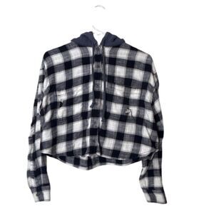 American Eagle Womens Crop Plaid Flannel Shirt With Hood S